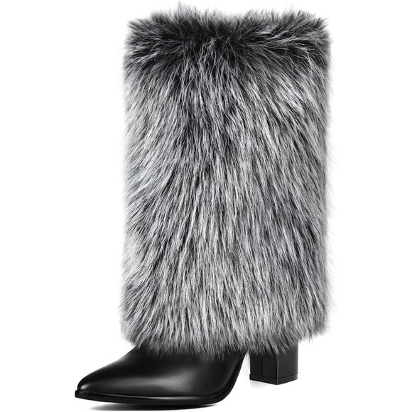 Shoes - Women's Black Grey 3.3-inch Chunky Mid Calf Furry Fuzzy Fluffy Pointed Toe Boots